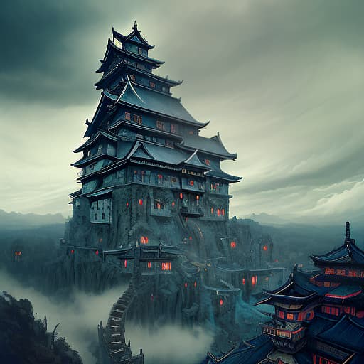  landscape, in the distance, a japanese castle to which 6 narrow stairs lead from different sides, which stands on a clockwork mechanism, a large gear, everywhere clouds, steam, cloudy weather, steampunk, blue sky, dark , creepy , blood , monsters , by jason engle , carlos huante , charlie bowater , simon lee , brom