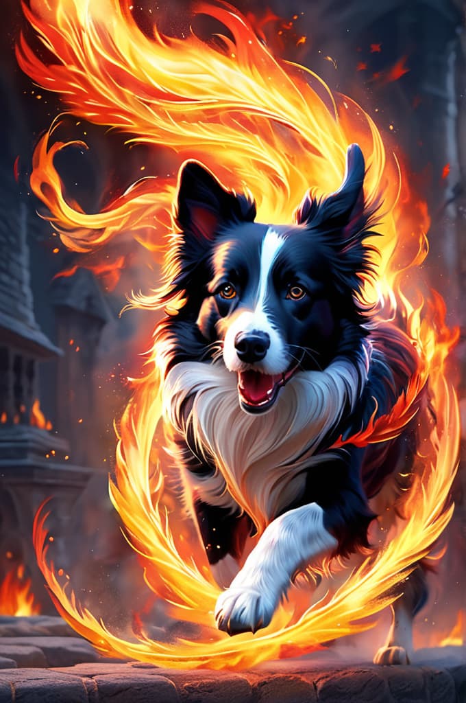  tri colour border collie as a dragon breathing fire, 4k