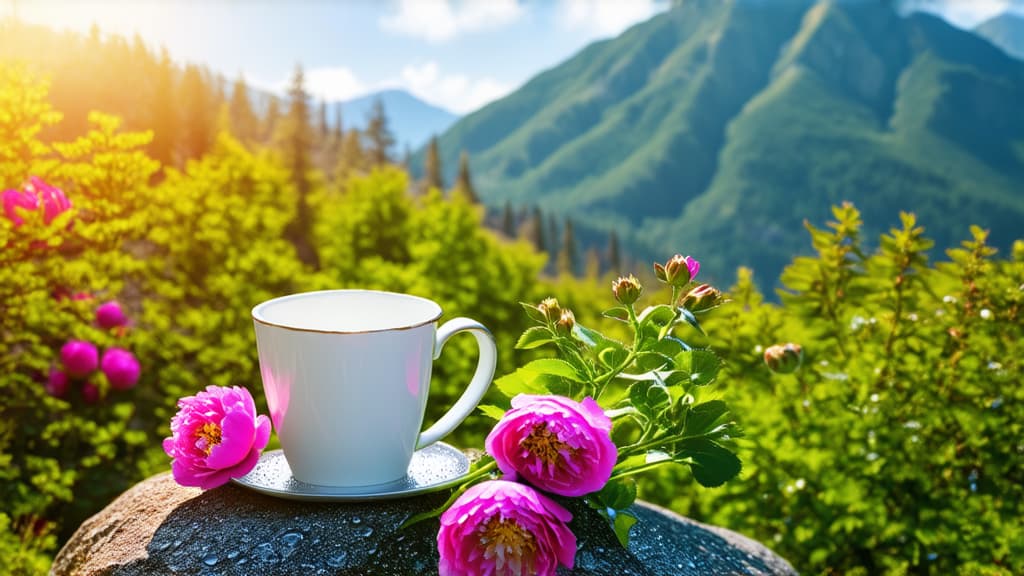  close up of a coffee mug on a rock surrounded by a bouquet of growing peony flowers with water droplets, on a mountainside, digital rendering, rose garden, early morning sun, rich deep pink, sunlight, wallpaper, very high detail ar 16:9 {prompt}, maximum details