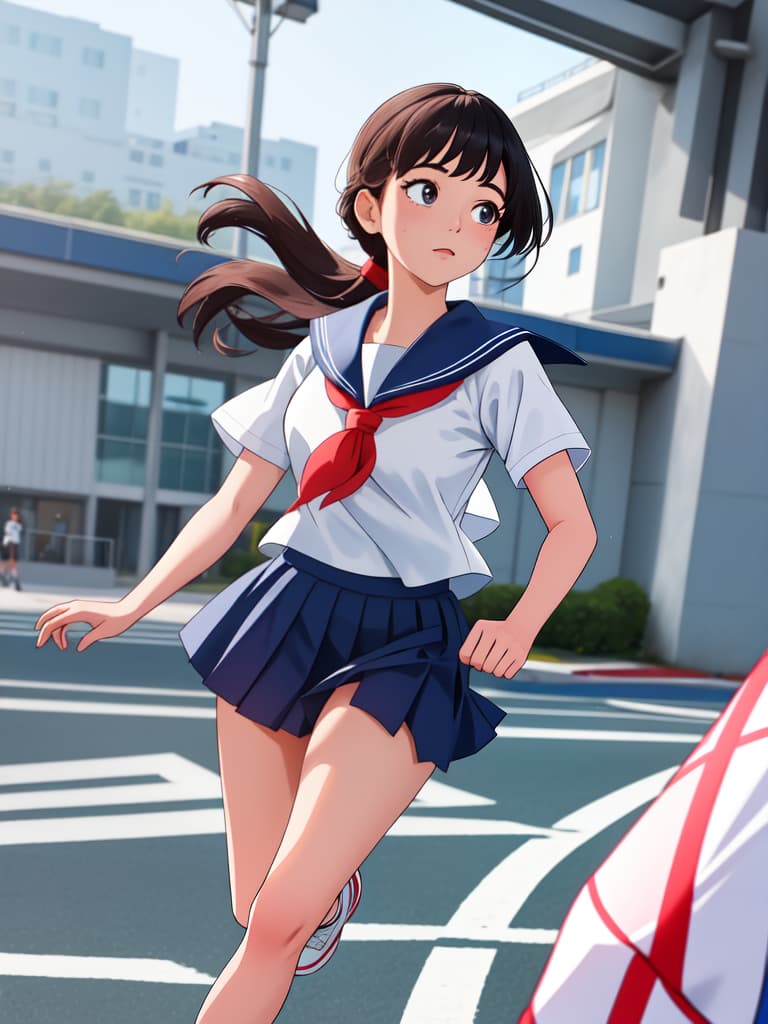  girl running in school, sailor suit, run, masterpiece, best quality,8k,ultra detailed,high resolution,an extremely delicate and beautiful,hyper detail