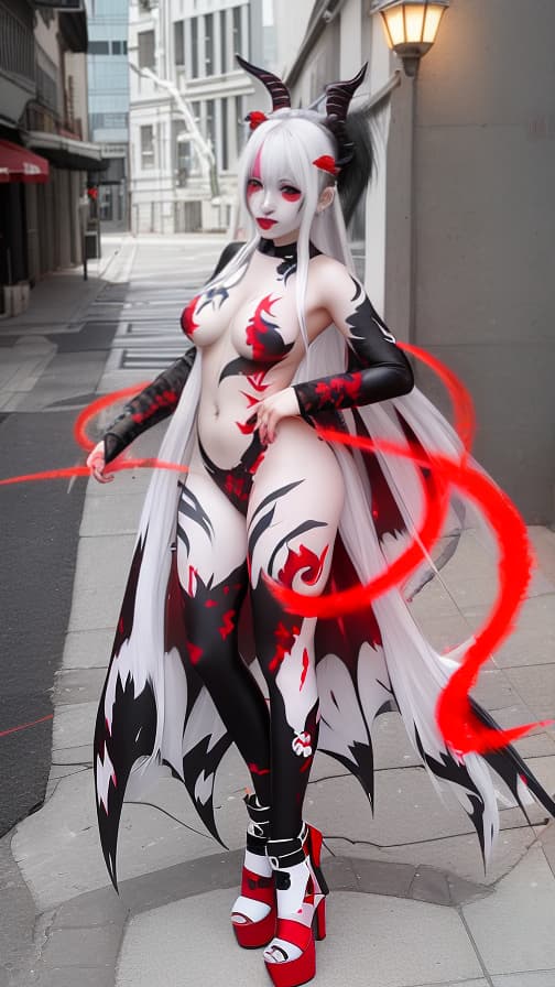  White and red flame pattern body paint in every corner of the whole body, Black body paint full body, grey face paint on the face, two succubus, full body image 女性