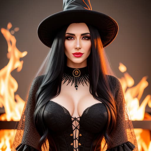  beautiful witch with long black hair casting a spell standing with her hands held aloft above a bubbling cauldron, her face illuminated by the glow of the fire. good skin, clear eyes, smart hair, soft focus, depth of field, 8k photo, hdr, professional lighting, taken with canon eos r5, 75mm lens, low angle shot hyperrealistic, full body, detailed clothing, highly detailed, cinematic lighting, stunningly beautiful, intricate, sharp focus, f/1. 8, 85mm, (centered image composition), (professionally color graded), ((bright soft diffused light)), volumetric fog, trending on instagram, trending on tumblr, HDR 4K, 8K