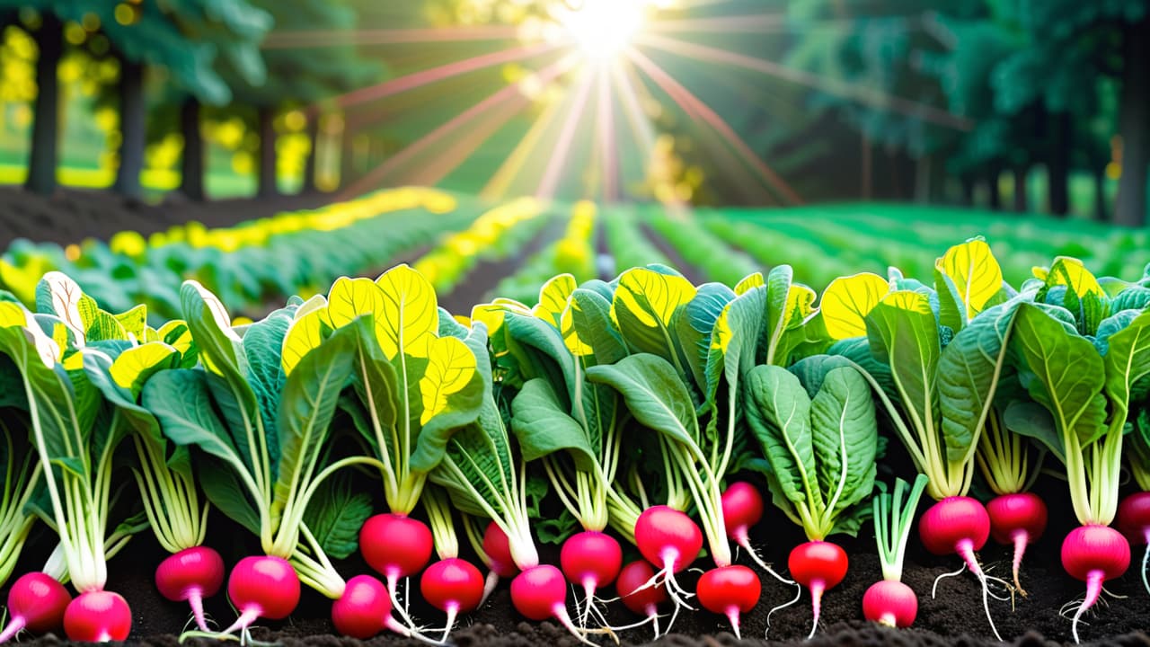  a vibrant garden scene featuring lush, green rows of easy to grow vegetables like radishes, lettuce, and zucchini, with bright sunlight filtering through leafy plants and a hand trowel resting in rich, dark soil. hyperrealistic, full body, detailed clothing, highly detailed, cinematic lighting, stunningly beautiful, intricate, sharp focus, f/1. 8, 85mm, (centered image composition), (professionally color graded), ((bright soft diffused light)), volumetric fog, trending on instagram, trending on tumblr, HDR 4K, 8K