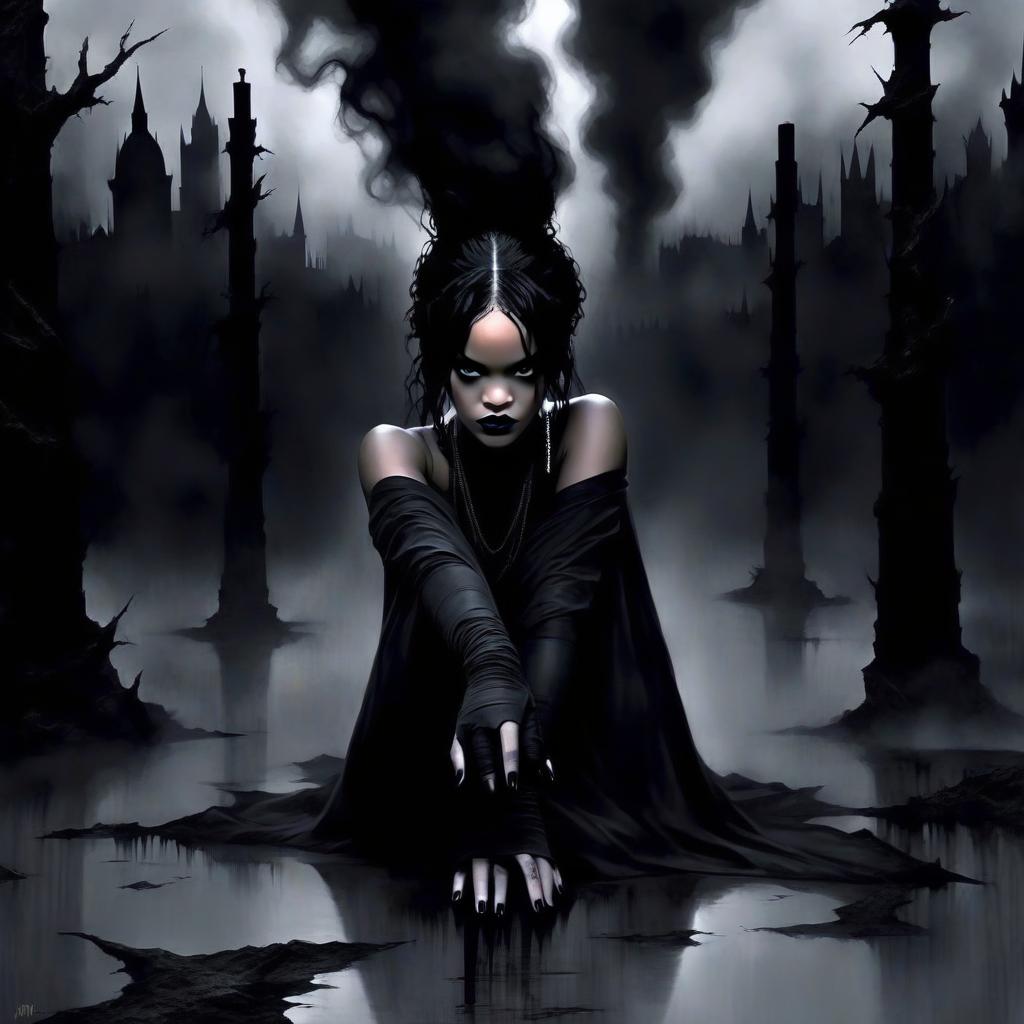  macabre style transform the entire background into black pillars against the background of gray twilight. leave the picture with rihanna as in the original photo. . dark, gothic, grim, haunting, highly detailed, perfecteyes, perfect hands