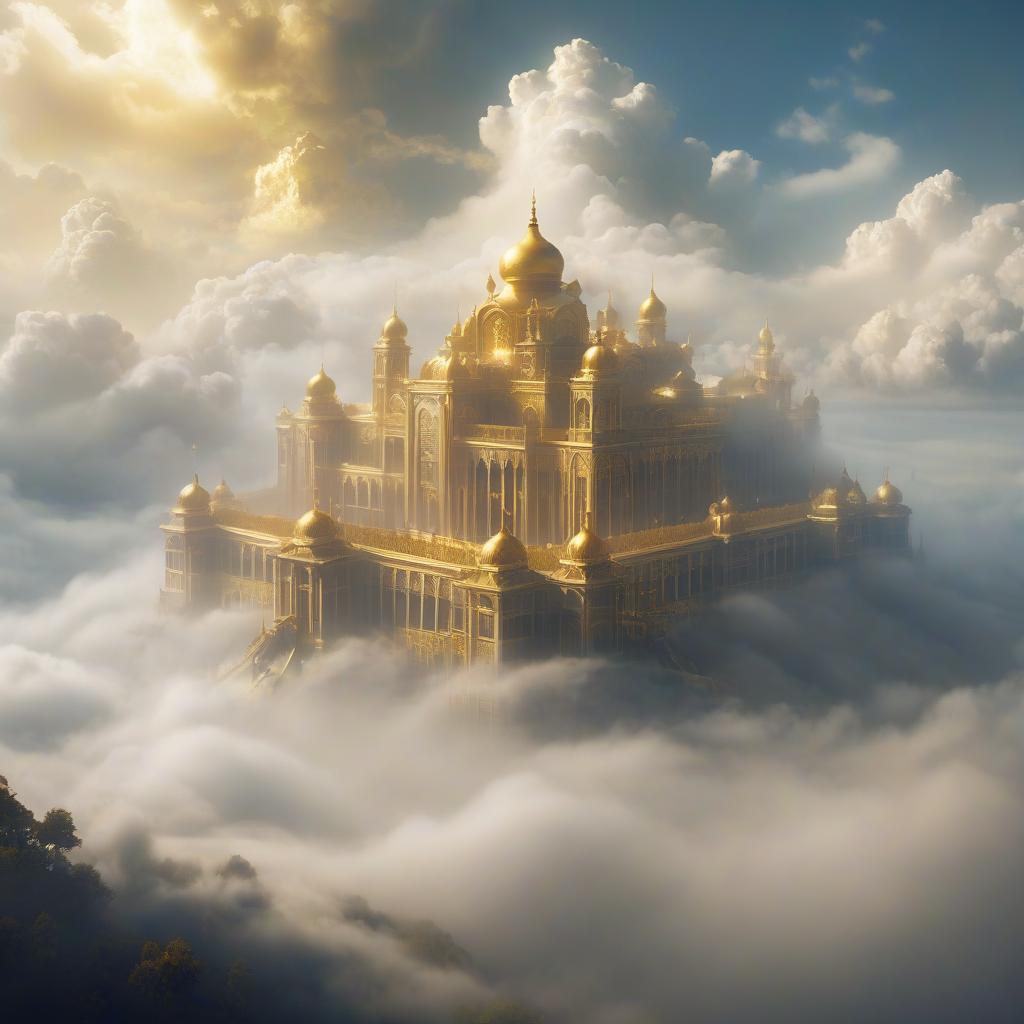  fog city. golden city. a large palace surrounded by clouds.