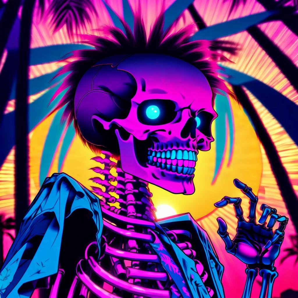  manga style retrowave style, skelet with hair, glowing eyes, sun behind and palm tree . vibrant, high energy, detailed, iconic, japanese comic style