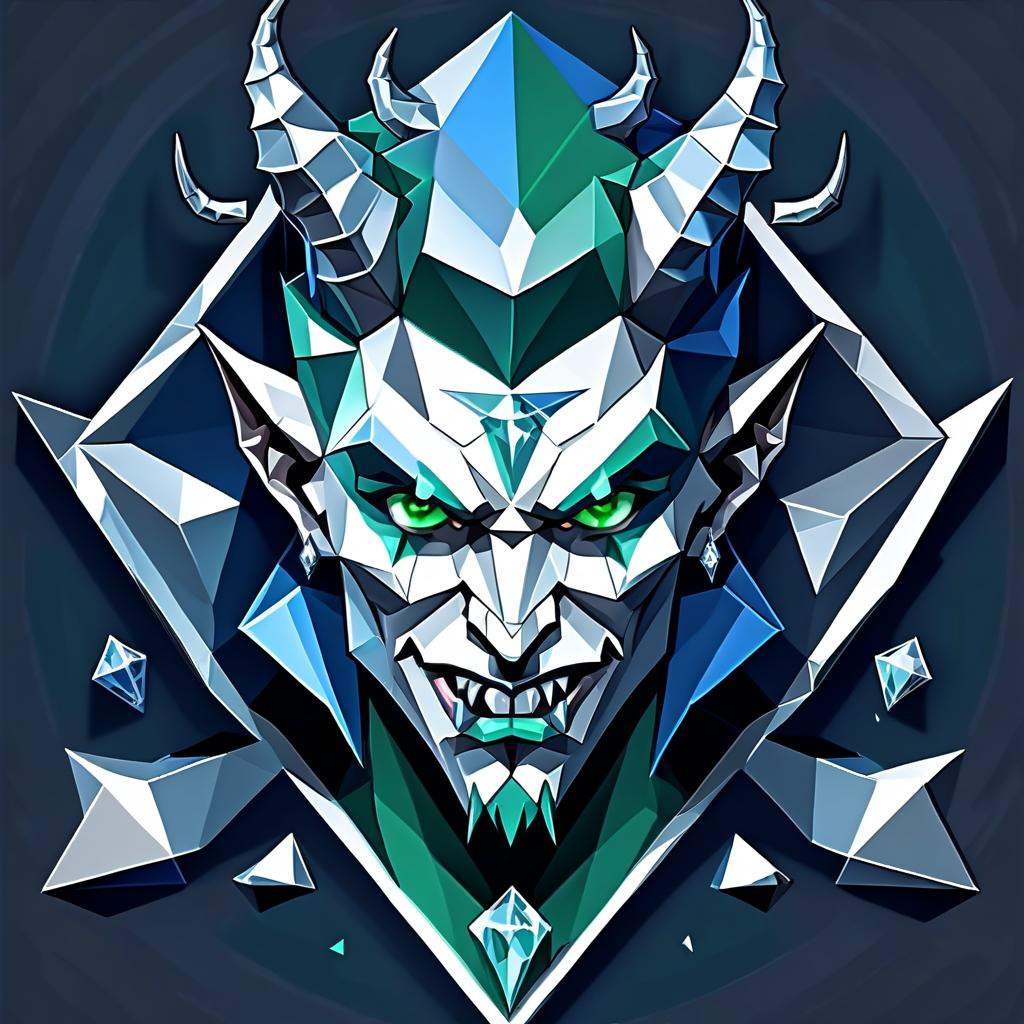  low poly style diamond devil, portrait. dark green eyes, man. kind. hair gray. with fangs and horns. colors blue, blue, silver . low poly game art, polygon mesh, jagged, blocky, wireframe edges, centered composition