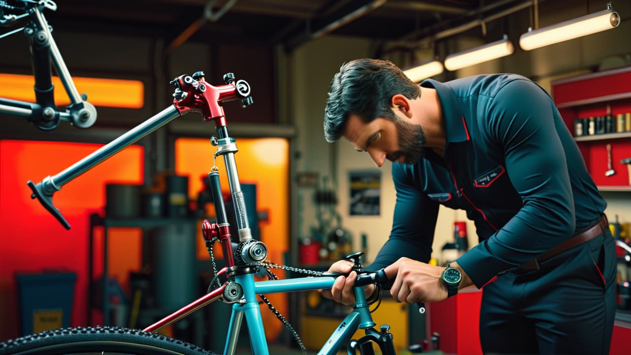  a mechanic diligently inspects a bicycle, surrounded by tools, sparkling clean chain, oil can, and tire pressure gauge, with close ups of brake adjustments, gear shifting, and a pristine workbench in a bright workshop. hyperrealistic, full body, detailed clothing, highly detailed, cinematic lighting, stunningly beautiful, intricate, sharp focus, f/1. 8, 85mm, (centered image composition), (professionally color graded), ((bright soft diffused light)), volumetric fog, trending on instagram, trending on tumblr, HDR 4K, 8K