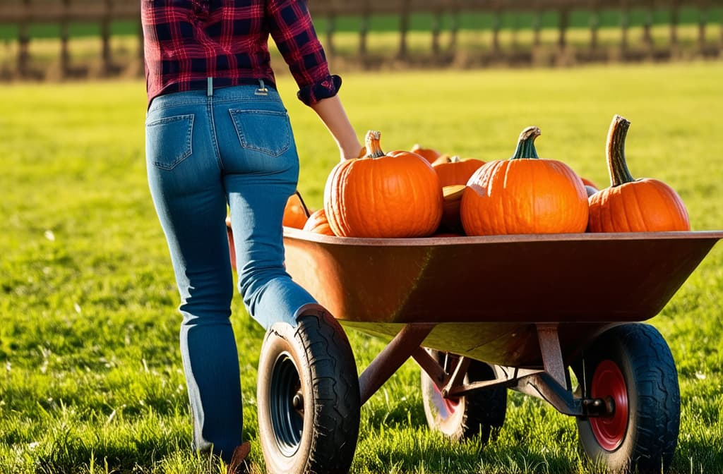  advertising style, stock photo, corporate branding style farmer woman in jeans and plaid shirt pushing wheelbarrow full of pumpkins on her farm, autumn, backlight ar 3:2 . professional, clean, modern, product focused, commercial, eye catching, minimalist, business oriented, highly detailed