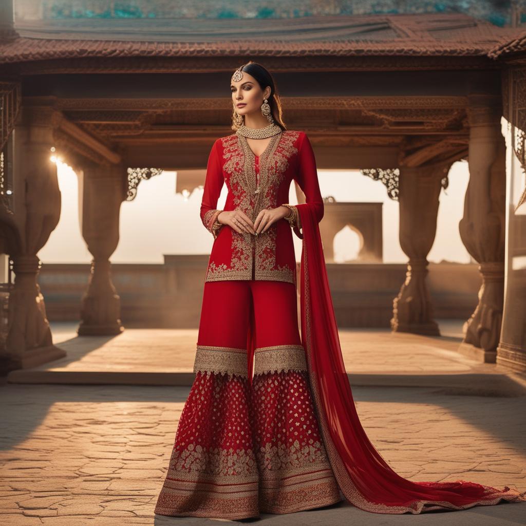  full red garara outfit with plane minimal border top and heavy glittered bottom. matching dupatta and scarf also need for this elegant look hyperrealistic, full body, detailed clothing, highly detailed, cinematic lighting, stunningly beautiful, intricate, sharp focus, f/1. 8, 85mm, (centered image composition), (professionally color graded), ((bright soft diffused light)), volumetric fog, trending on instagram, trending on tumblr, HDR 4K, 8K