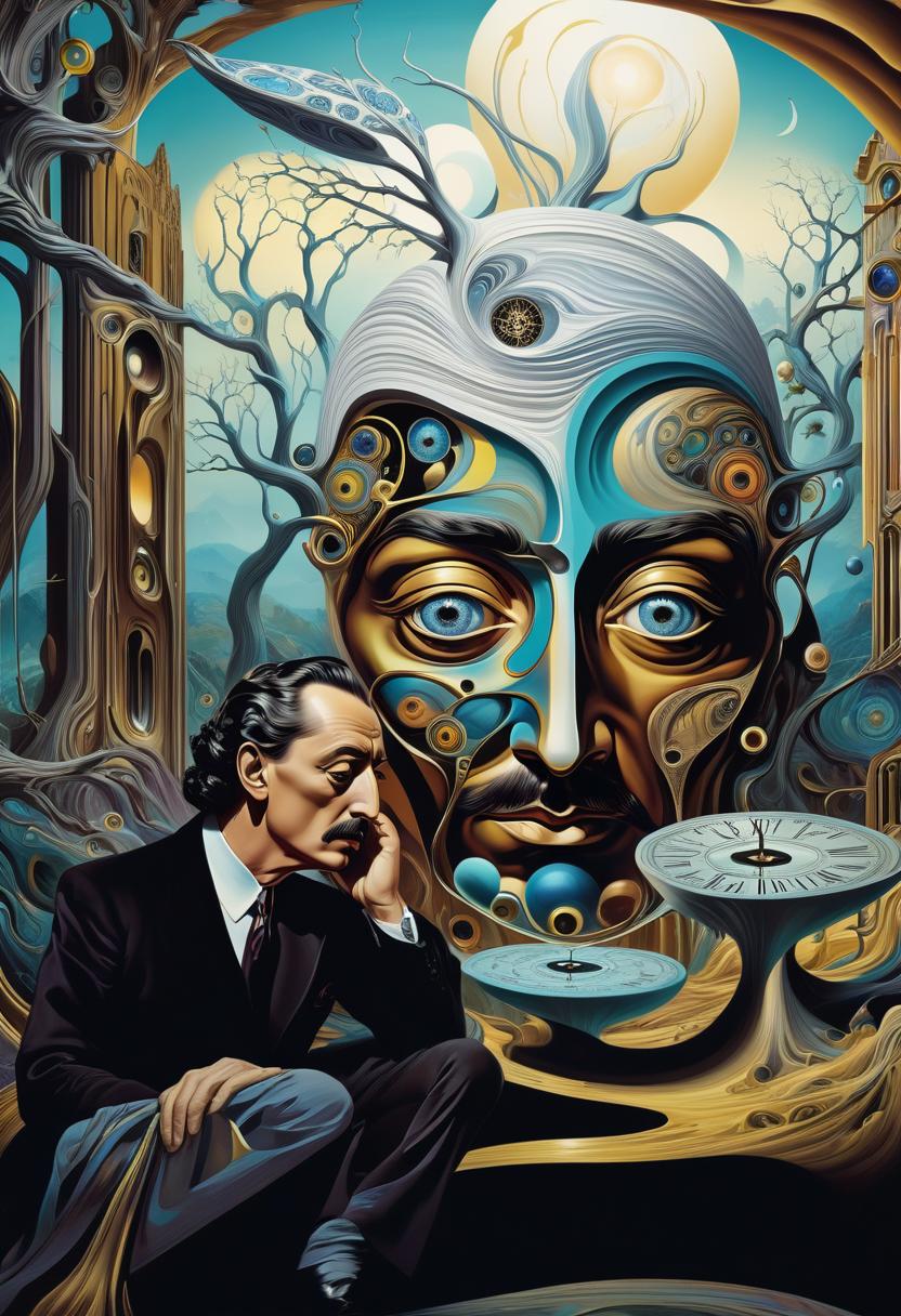  salvador dali inspired psychedelic poster depicting, head, face, eyes open, lens in one eye, back of head turns into branches, psychedelic elements integrating tree of life into surreal, abstract painting, twisted shapes, melting clock, fantasy landscape, vibrant hues, golden ratio composition, ultra fine details, digital painting.