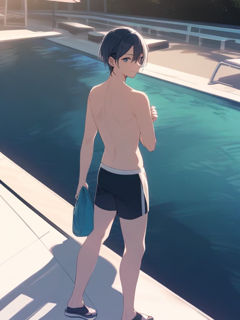  s (male ), short hair, cute smile, swimwear (dark blue ), male , whole body, pool side,