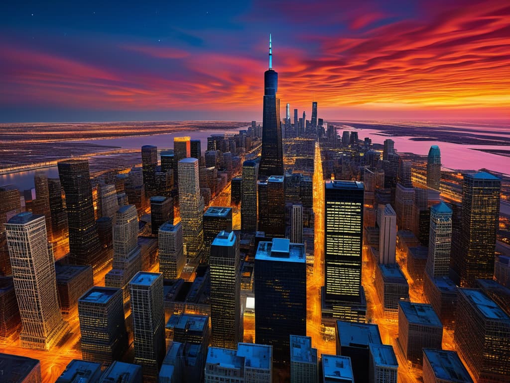  ethereal fantasy concept art of sears tower, crain's communications building, drone view, tilt shift, van gogh's starry night, colorful red orange swirls, cloud gate, hyper realistic, chicago skyline, mesmerizing, intricate details, flambient golden red sunrise, dramatic lighting, epic composition, wide angle, cinematic, masterpiece, 4k, raw photo, van gogh influence, studio lighting, impressionist, bold colors, starry sky, architectural elements, medium format lens, high angle, cityscape, city life, metropolitan, van gogh's brushstrokes, van gogh's shadows, van gogh's colors, van gogh's textures, nighttime, city scene, streets, night cityscape. magnificent, celestial, ethereal, painterly, epic, majestic, magical, fantasy art, cover art, dr