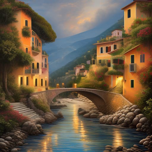  romantic landscape in oil in warm tones of the italian riviera. vertical orientation, high detail