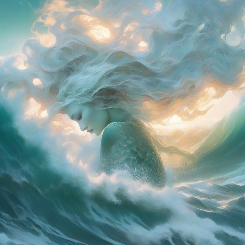  a digitally captivating double exposure image. mythological, fairy tale subject. harmonious combination of a sea storm, sea, ship and profile of a beautiful white haired mermaid girl. the stormy sea with frothy waves is the main background, the details of which organically and subtly fit into the contours of the face of the fairy tale mermaid. background: a cold colored picture with marine elements, splashes of water, foam of waves and the smoothness of the sea. stylistics: surrealism, abstract solution, modern, fairy tale, fantasy. in the manner of van gogh, aivazovsky, tatiana suarez, yutaka kagai, craola, dan mumford, andy kehoe, miyazaki. narrative detailed oil paint illustration, cinematic, detailed, beautiful, mystical, vivid, with co hyperrealistic, full body, detailed clothing, highly detailed, cinematic lighting, stunningly beautiful, intricate, sharp focus, f/1. 8, 85mm, (centered image composition), (professionally color graded), ((bright soft diffused light)), volumetric fog, trending on instagram, trending on tumblr, HDR 4K, 8K