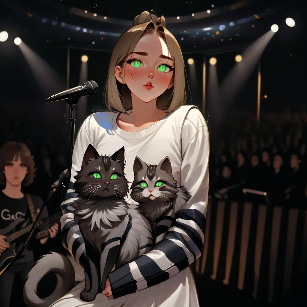  girl with dark green eyes, two furry striped cats, space, spotlights, view from the stage, microphone, music, royal grace