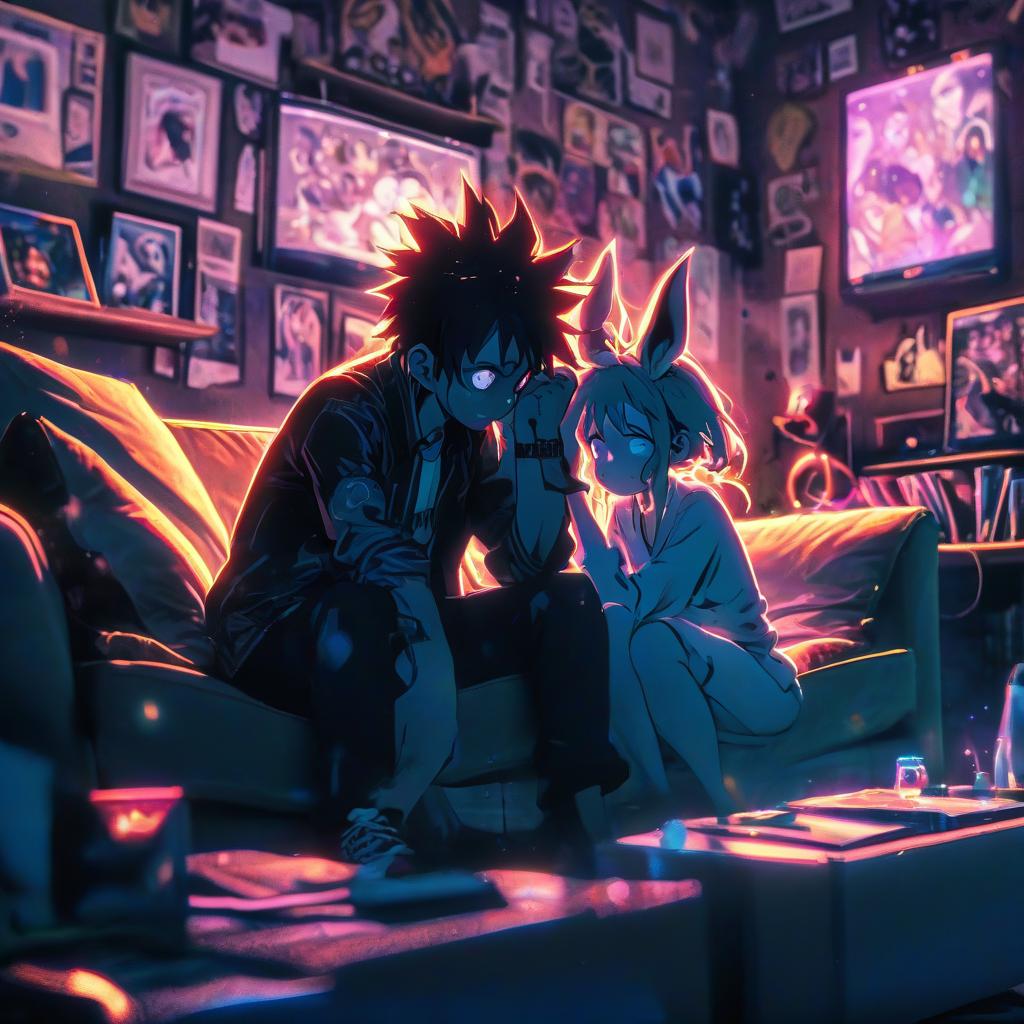  anime artwork the girl in a depressed state sits on the couch with her ears covered by a man in a dark room shouting at her . anime style, key visual, vibrant, studio anime, highly detailed, perfecteyes, glowneon