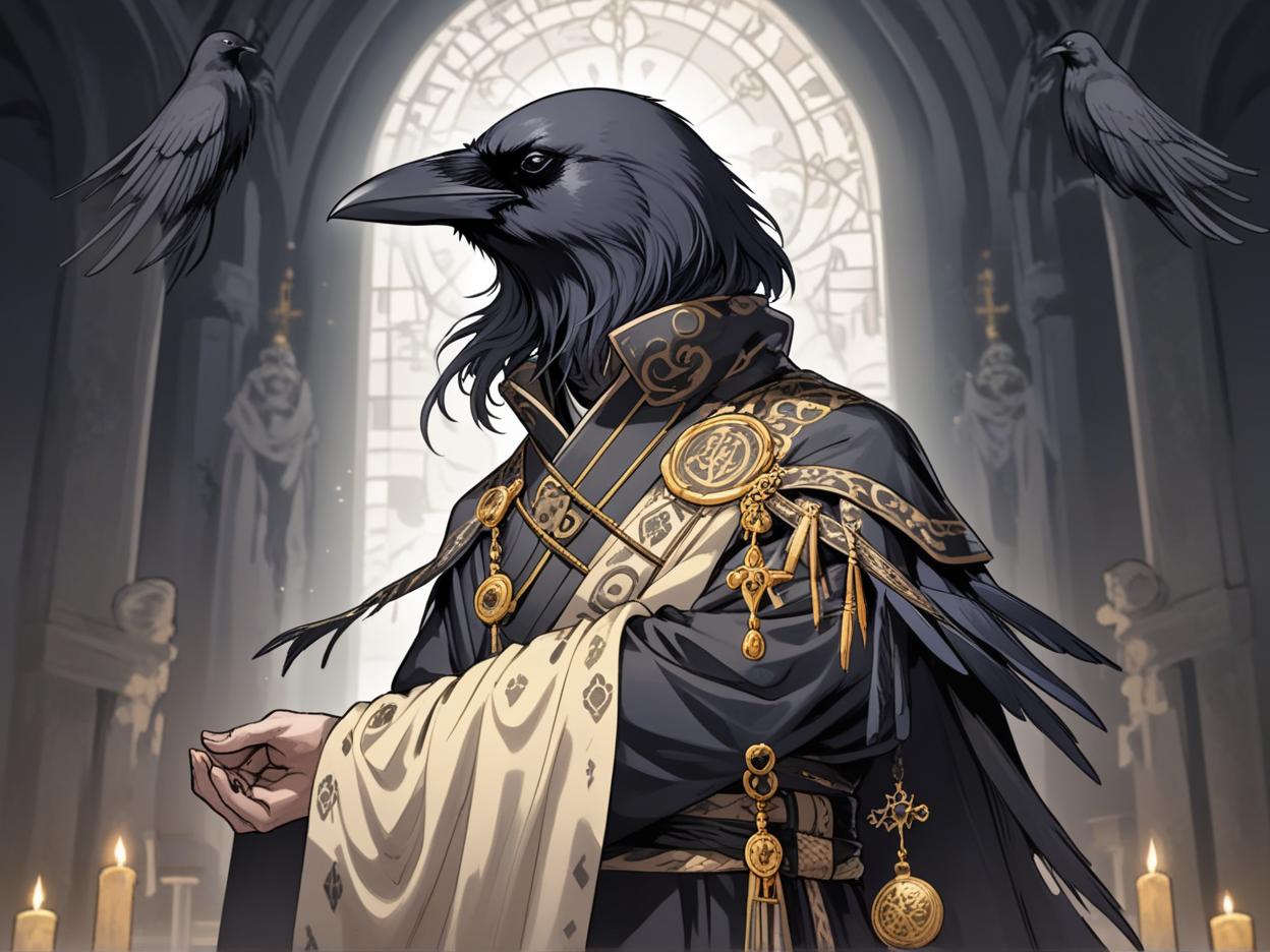  manga artwork a crow man wearing a robe with a belt made of rat tails is holding a holy libram with his black crow hands while standing at an altar. manga artist. manga, highly emotional. best quality, high resolution