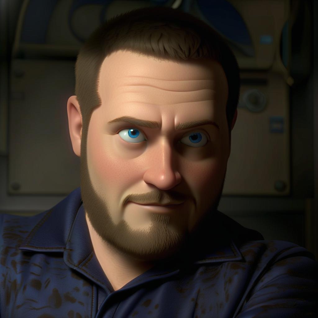  professional 3d model a portrait from the original image in a cartoon style. the person's face from the original image must have an exact resemblance. in pixar style. computer animation, typical of animated films. smile. beard. blue eyes. in a blue space suit. . octane render, highly detailed, volumetric, dramatic lighting