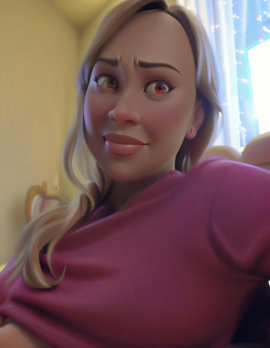  professional 3d model image in the style of pixar cartoons. the woman's face remains unchanged, as in the original photo. modest smile. plump lips. brown eyes. improve image contrast and add colors. . octane render, highly detailed, volumetric, dramatic lighting