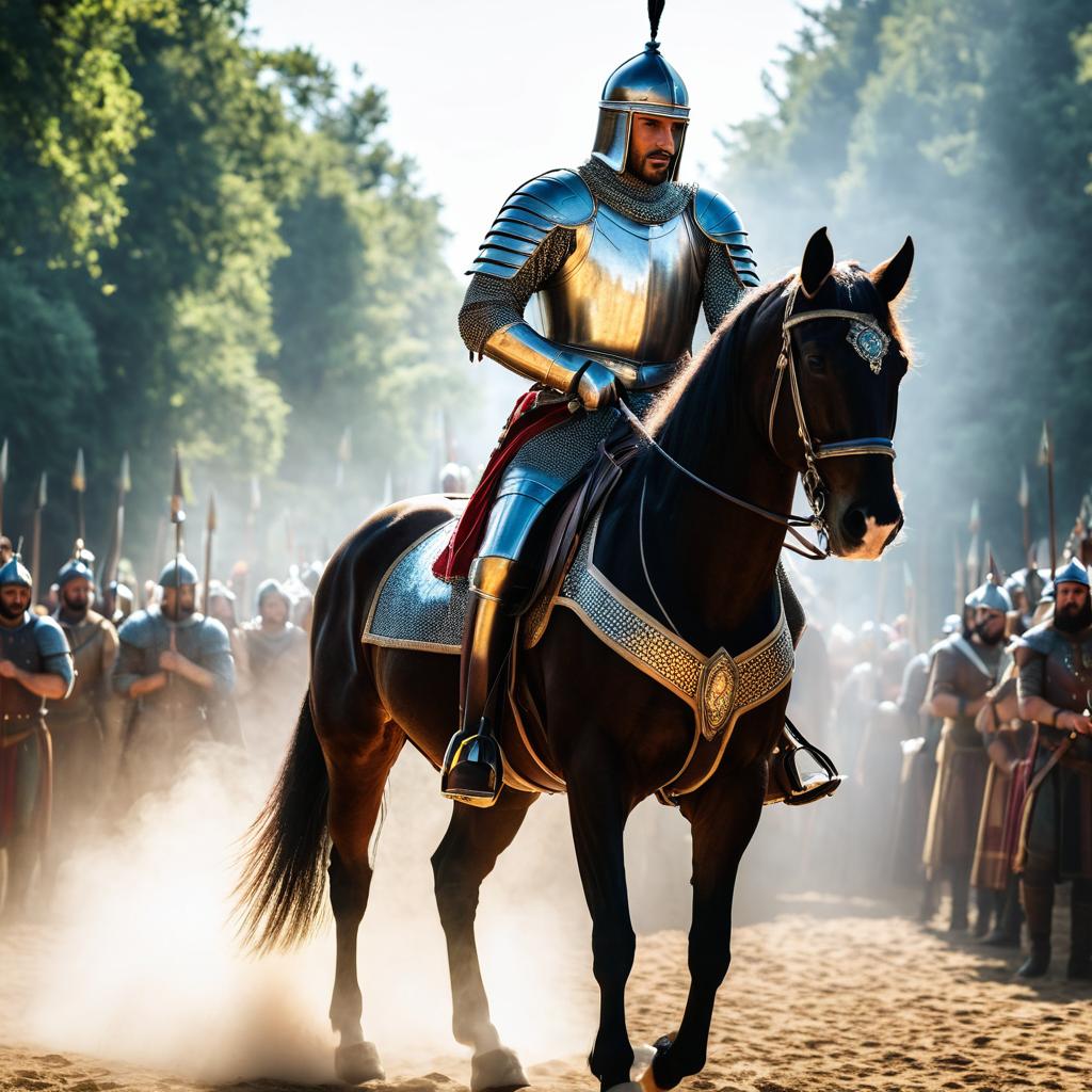  actual 4k, a man riding horse, medieval times, detailed armor, detailed face, real hyperrealistic, full body, detailed clothing, highly detailed, cinematic lighting, stunningly beautiful, intricate, sharp focus, f/1. 8, 85mm, (centered image composition), (professionally color graded), ((bright soft diffused light)), volumetric fog, trending on instagram, trending on tumblr, HDR 4K, 8K