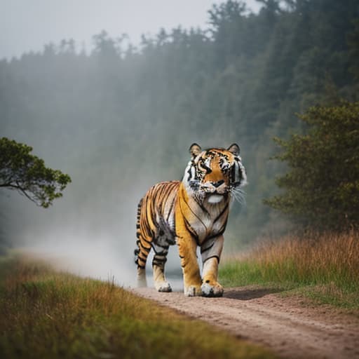  Tiger hunts dog hyperrealistic, full body, detailed clothing, highly detailed, cinematic lighting, stunningly beautiful, intricate, sharp focus, f/1. 8, 85mm, (centered image composition), (professionally color graded), ((bright soft diffused light)), volumetric fog, trending on instagram, trending on tumblr, HDR 4K, 8K