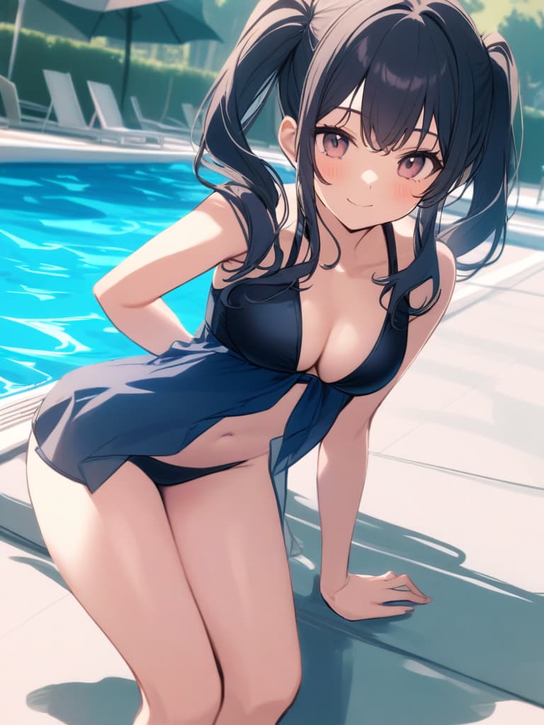  women's elementary student, dark blue swimwear, old swimwear, swimwear, , simple, male bulge, clear, clear, clear, , front, cute smile, twin tail, pool side, pool side, pool side, pool side.