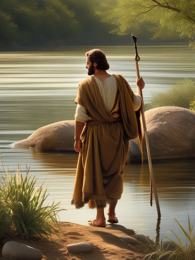  John the Baptist facing Jesus, standing in the the river Jordan . Close up view.