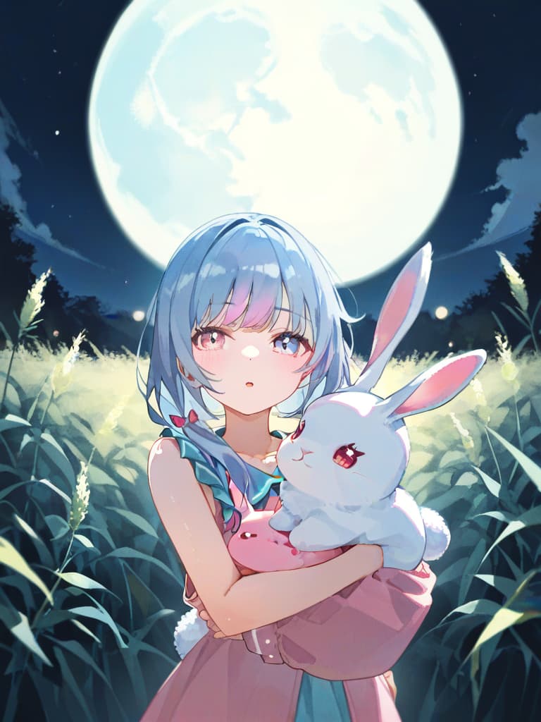  masterpiece,(pink,light blue,white,pastel watercolor style:2.0),(full moon night:1.5)(silver grass:1.7),(cute rabbit:2.0),high resolution,8k