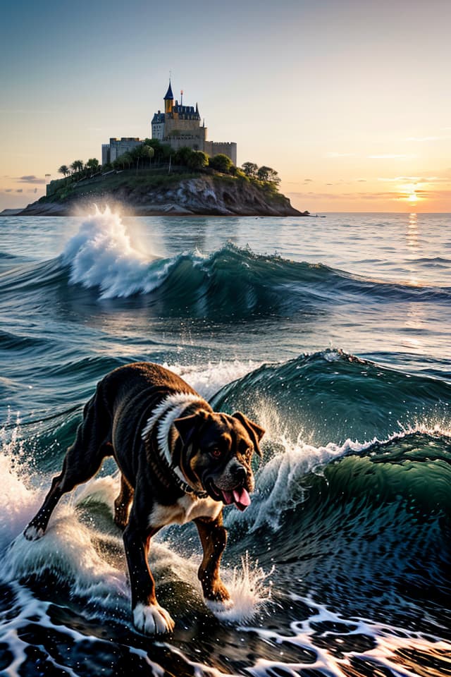  a man runs along the shore of the sea with big waves with a big boxer dog. in the distance at sunset, an island with a castle on it and a modern luxury yacht anchored off the island , hq, hightly detailed, 4k