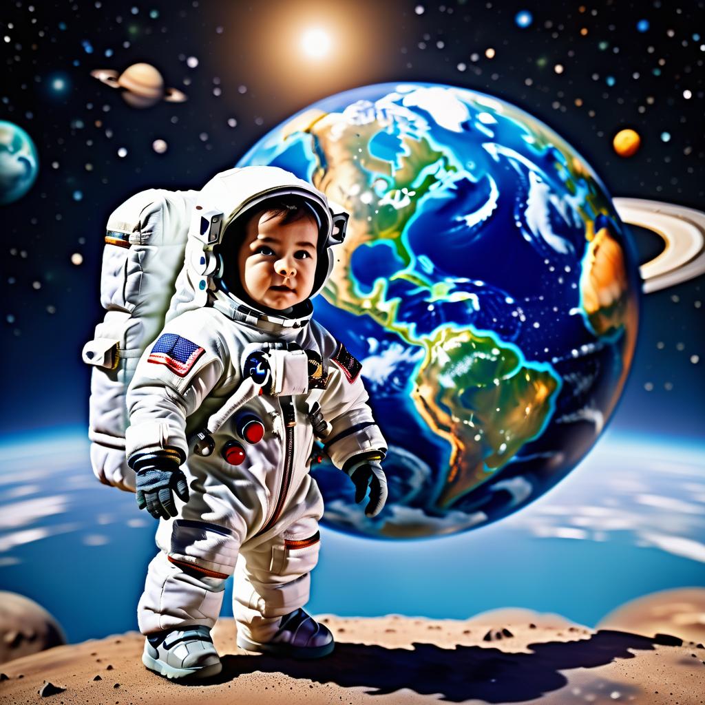  astronaut baby stands opposite planet earth