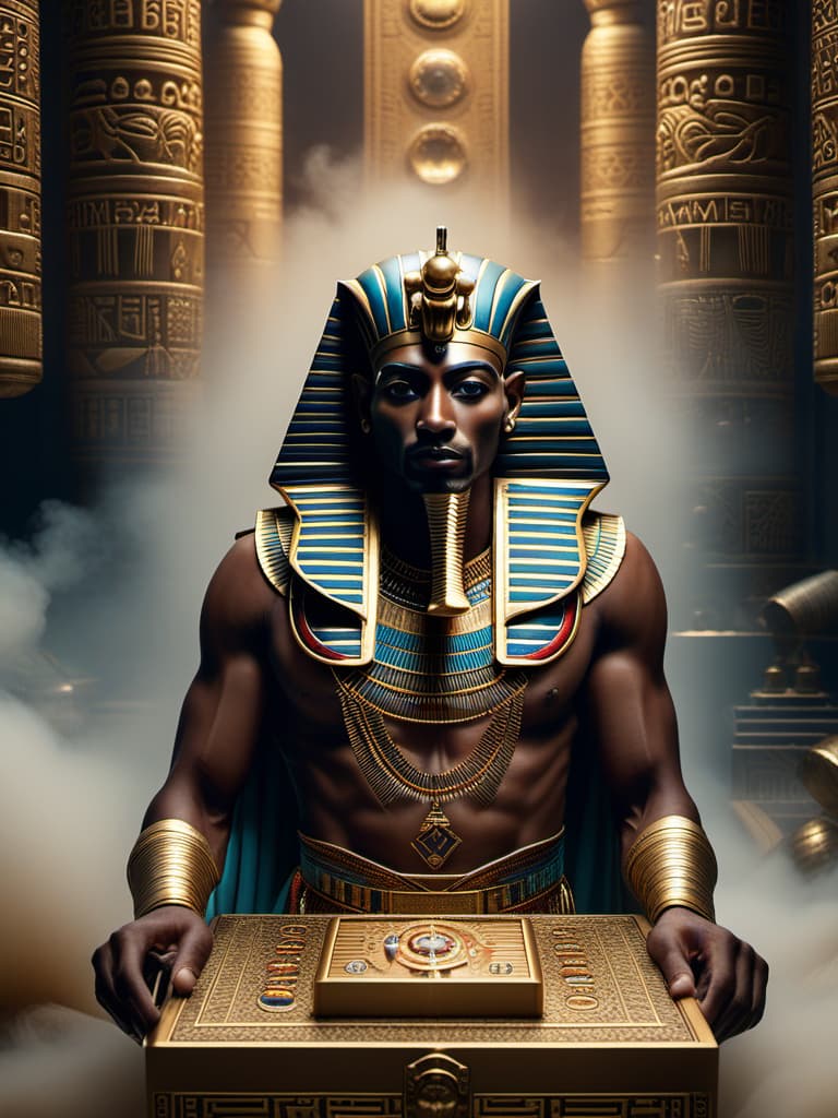  pharaoh picks up a medicine box and viruses fall out of it. , ((nature)) hyperrealistic, full body, detailed clothing, highly detailed, cinematic lighting, stunningly beautiful, intricate, sharp focus, f/1. 8, 85mm, (centered image composition), (professionally color graded), ((bright soft diffused light)), volumetric fog, trending on instagram, trending on tumblr, HDR 4K, 8K