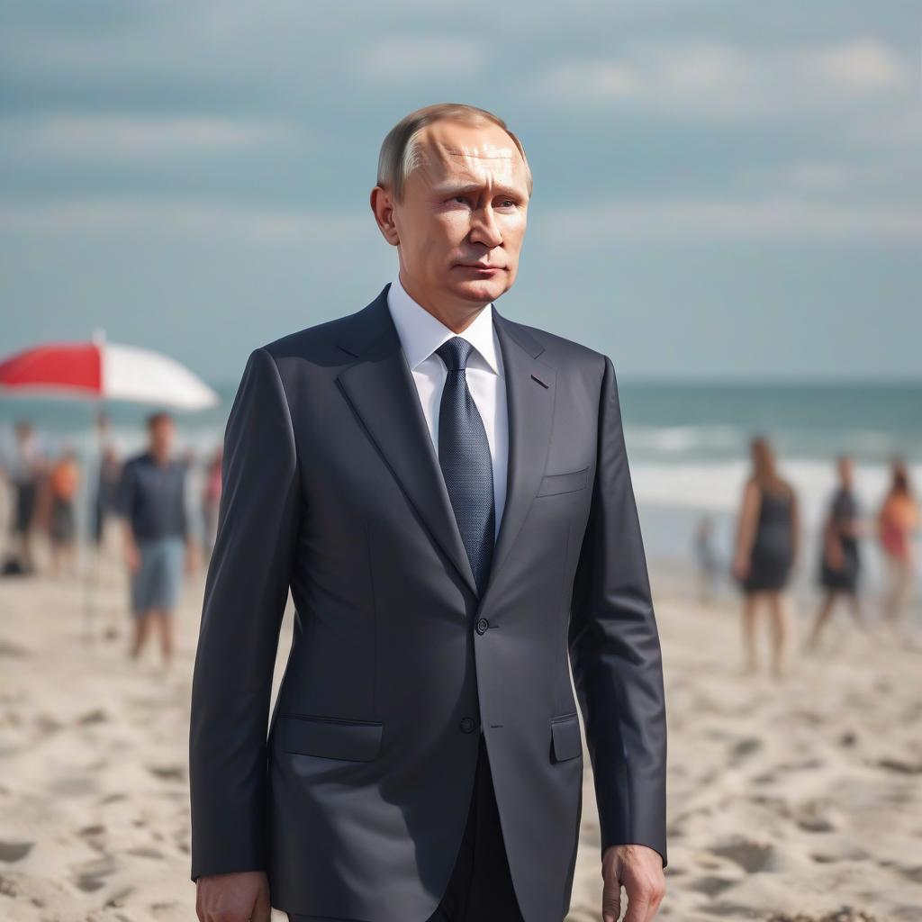  cinematic photo russian president on the beach in full height in , a, , with a large . 35mm photograph, film, bokeh, professional, 4k, highly detailed