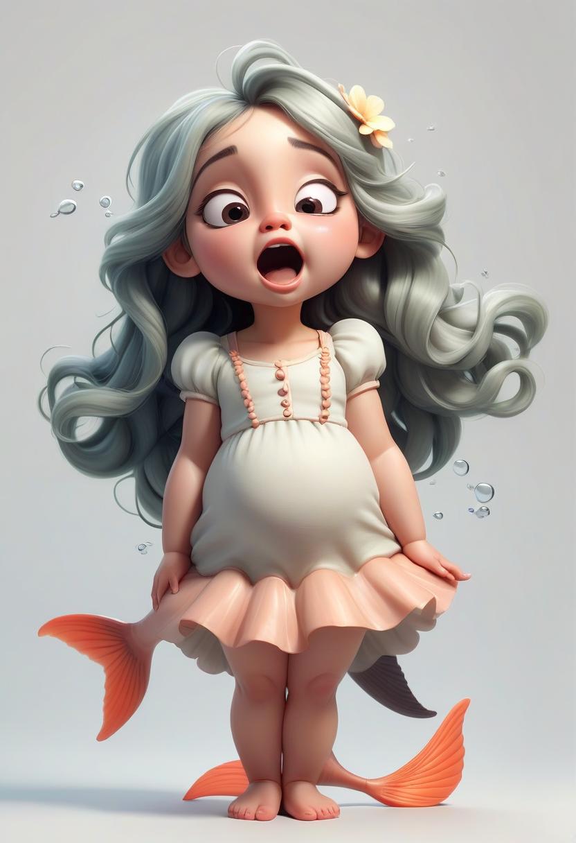  a full length little nymph girl. singing. eyes closed. nice face, plump cheeks, plump lips, big eyes, fish tail. white background.