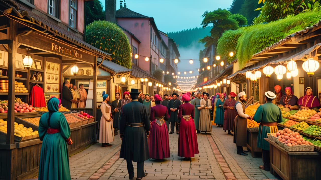  a vibrant marketplace scene showcasing diverse cultural artifacts, traditional costumes, and local cuisine, with people of various backgrounds engaging, historical landmarks in the background, and lush greenery framing the lively atmosphere. hyperrealistic, full body, detailed clothing, highly detailed, cinematic lighting, stunningly beautiful, intricate, sharp focus, f/1. 8, 85mm, (centered image composition), (professionally color graded), ((bright soft diffused light)), volumetric fog, trending on instagram, trending on tumblr, HDR 4K, 8K