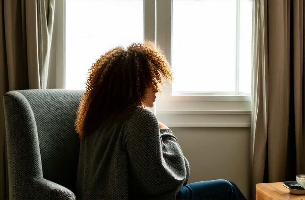  professional detailed photography, photo of youth curly haired girl deep think looking into daylight window sitting chair indoors living room chill out at house apartment ar 3:2, (muted colors, dim colors, soothing tones), (vsco:0.3)