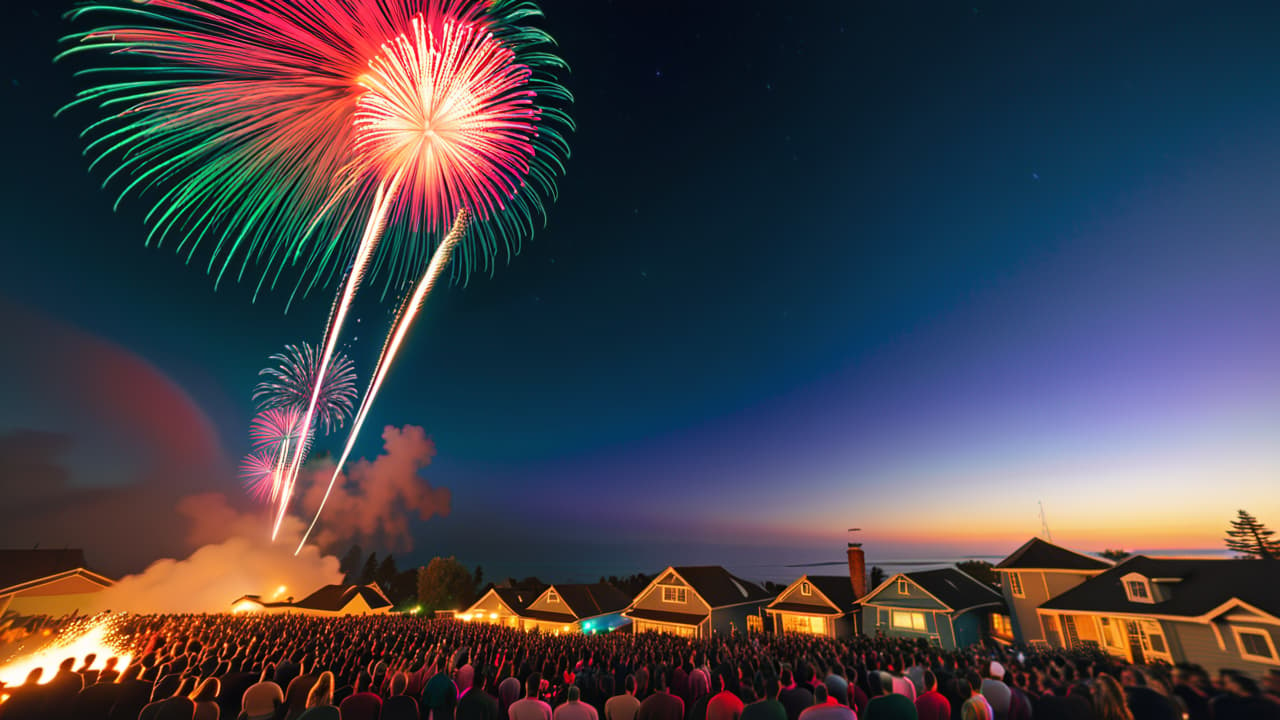  a vibrant night sky filled with colorful drones forming intricate shapes, juxtaposed with a dazzling fireworks display bursting in bright colors, illuminating a festive crowd below, capturing the contrast between the two spectacular events. hyperrealistic, full body, detailed clothing, highly detailed, cinematic lighting, stunningly beautiful, intricate, sharp focus, f/1. 8, 85mm, (centered image composition), (professionally color graded), ((bright soft diffused light)), volumetric fog, trending on instagram, trending on tumblr, HDR 4K, 8K