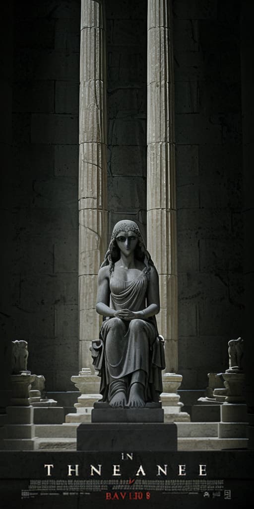  A Gray and black hauntingly beautiful movie poster for "ATHENE", showing elegant statue of the goddess Athene sitting on the ground in front of water in dark concrete temple, her desperate expression betraying the emotional turmoil she is going through. Its reflection below shows a ghostly figure with glowing eyes, hinting at a supernatural element. The title "ATHENE" is written in bold red letters and attracts attention ar 5:8 v 6.0