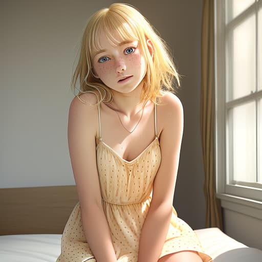  girl, blonde hair, freckles, short light sundress on straps, transparent fabric, deep neckline, sitting on the bed leaning forward, photorealism, face detail