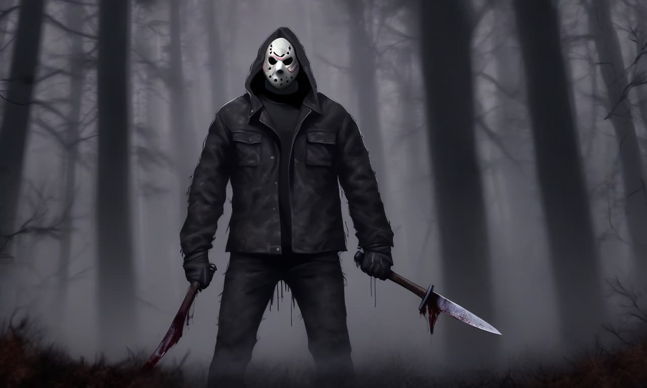  horror themed jason voorhees stands at full height on the grass. a sturdy figure. dressed in a black jacket and black pants. in his hand machete, on his face canonical mask. the background is a dense forest in the fog . eerie, unsettling, dark, spooky, suspenseful, grim, highly detailed