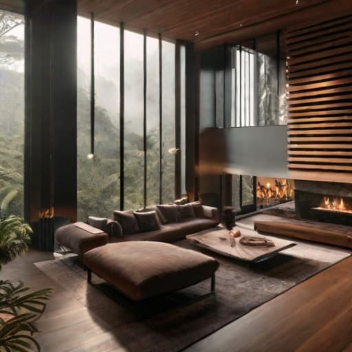  luxury apartment in the rainforest, wood texture, large cabin, fireplace hyperrealistic, full body, detailed clothing, highly detailed, cinematic lighting, stunningly beautiful, intricate, sharp focus, f/1. 8, 85mm, (centered image composition), (professionally color graded), ((bright soft diffused light)), volumetric fog, trending on instagram, trending on tumblr, HDR 4K, 8K