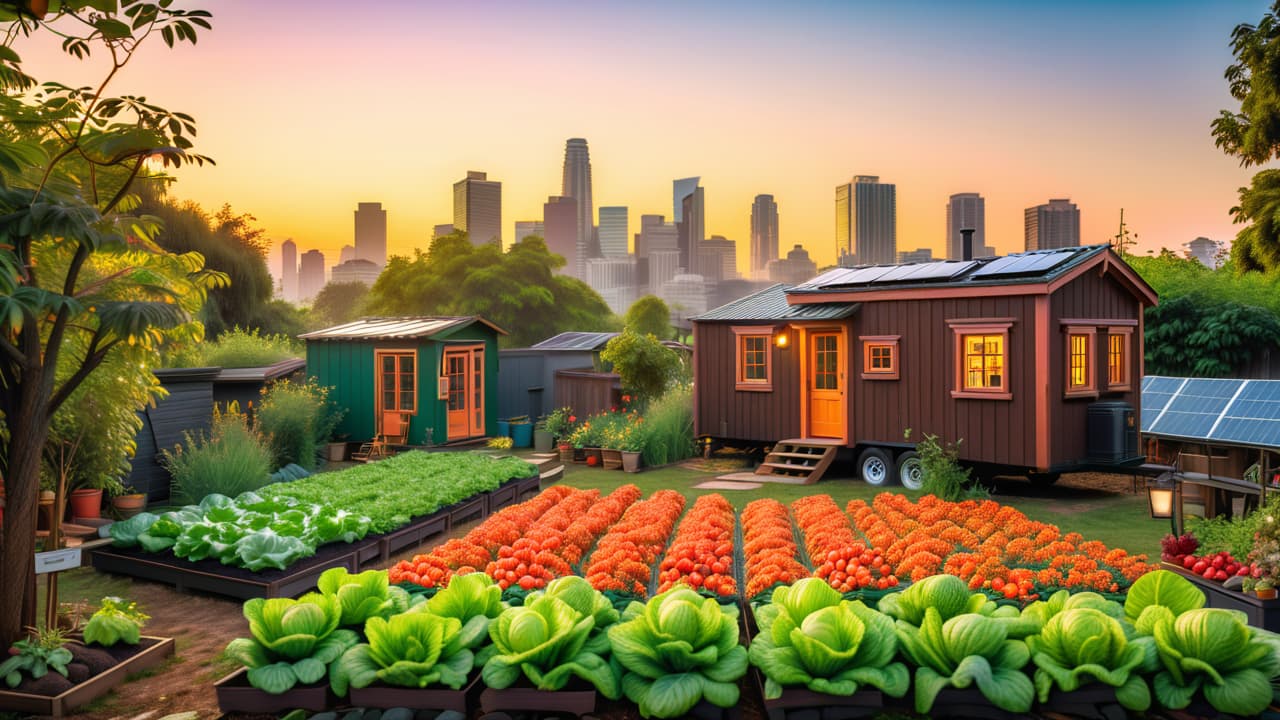  a vibrant urban homestead scene featuring a cozy tiny house surrounded by lush vegetable gardens, fruit trees, chickens roaming freely, solar panels on the roof, and a compost area, all set against a city skyline. hyperrealistic, full body, detailed clothing, highly detailed, cinematic lighting, stunningly beautiful, intricate, sharp focus, f/1. 8, 85mm, (centered image composition), (professionally color graded), ((bright soft diffused light)), volumetric fog, trending on instagram, trending on tumblr, HDR 4K, 8K