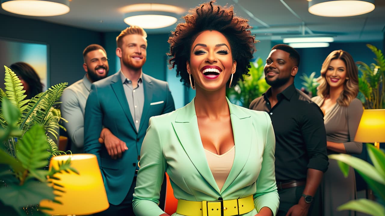  a diverse group of individuals in a bright, modern office setting, engaged in various activities like brainstorming, collaborating, and laughing, showcasing genuine expressions and interactions, surrounded by plants and contemporary decor. hyperrealistic, full body, detailed clothing, highly detailed, cinematic lighting, stunningly beautiful, intricate, sharp focus, f/1. 8, 85mm, (centered image composition), (professionally color graded), ((bright soft diffused light)), volumetric fog, trending on instagram, trending on tumblr, HDR 4K, 8K