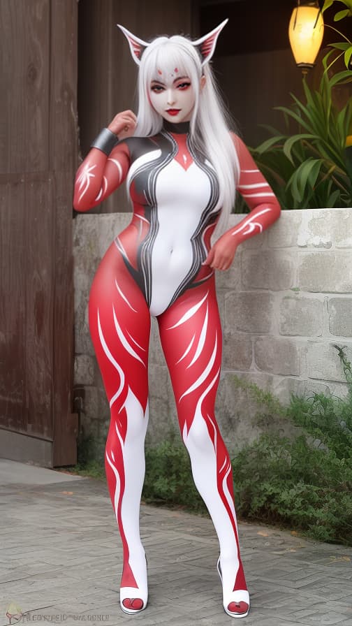  Full body red and silver flame pattern body paint, White body paint on the whole body,grey face paint on the face, Dark elf, full body image 女性