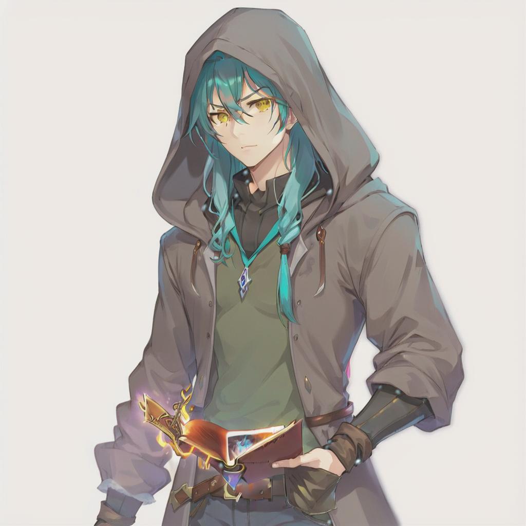  anime artwork a concept art for visual novel game, handsome male, rogue from d&d, portrait, wearing: dark coat with hoodie, tight t shirt, baggy pants, black boots, on the belt have a hunting knife; holding a wizard book in right hand; appearance: light skin, black teal long hair in the ponytail, stumble on the chin, yellow eyes, anime style, very detailed, high quality. . anime style, key visual, vibrant, studio anime, highly detailed