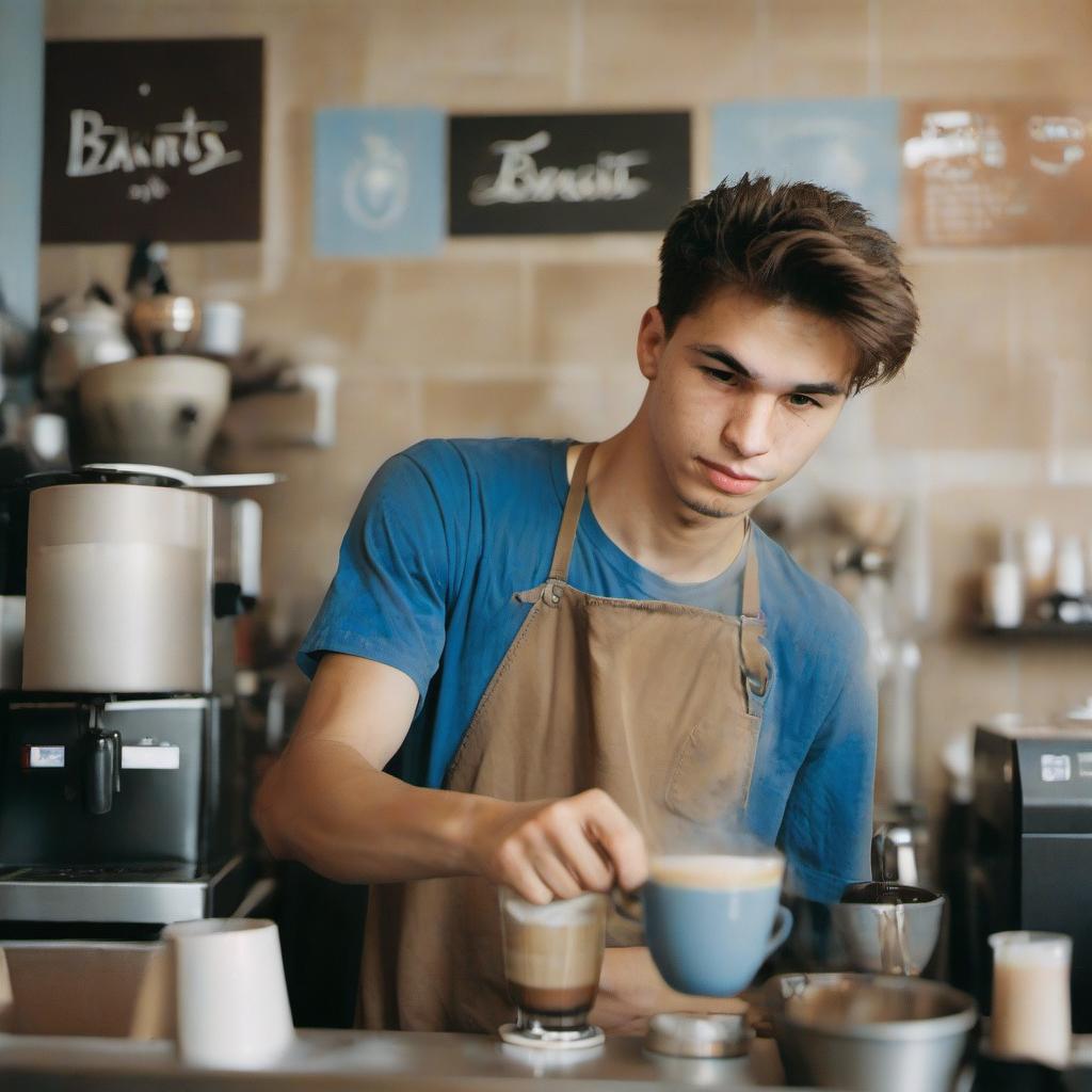  barista young guy, making coffee, a photo in the colors of brown, beige, a guy in a blue t shirt with white divorces, film photography style