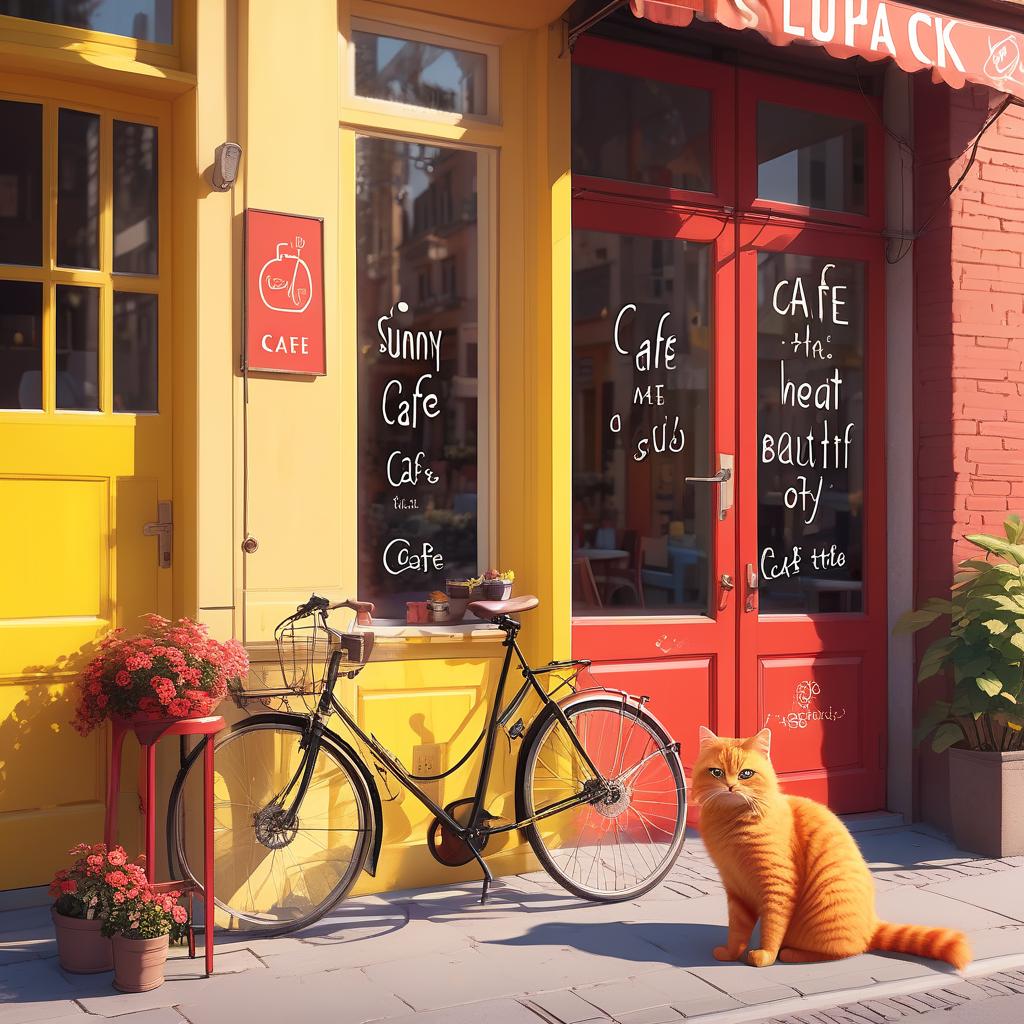  sunny city, evening, window with the inscription of a cafe, at the window there is a beautiful bicycle, next to the yellow door, behind the window on the stool sits a shaggy red cat