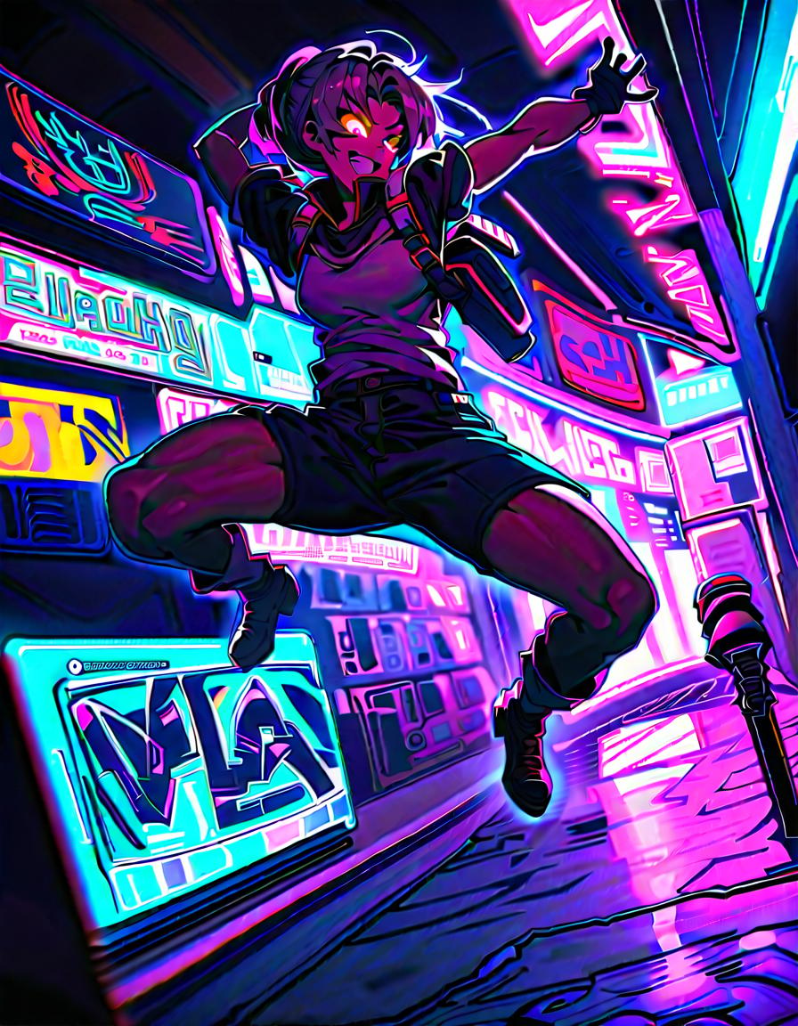  young man, armed, jumping, determined, break high quality, colorful, cyberpunk, graffiti, neo tokyo, neon lit city street, graffiti, weapons, neon signs, holographic displays, break dynamic and gritty, vibrant colors, glowing neon lights, motion blur, energy effects,