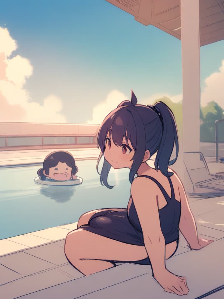  women's elementary students (male), twin tails, cute smiles, (rich s), short stature, dark blue swimwear, old swimwear, swimwear, simple, (bulging), upward, (bulge), front, whole body, pool side, pool side. ,,,