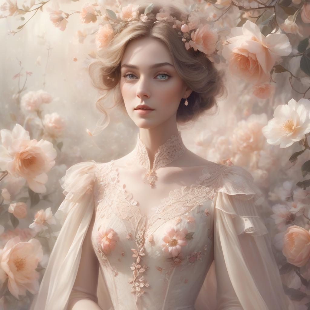  concept art a dreamy portrait of a woman surrounded by a soft floral motif, exuding a serene, ethereal beauty. mrs. robinson, you’re trying to seduce me. aren’t you? portrait of a stunning lady in a serene magical ethereal floral arrangement with soft focus and delicate transparent petals, cream and peach colored lace, a touch of dreamy soft tones, misty background, a perfect masterpiece . digital artwork, illustrative, painterly, matte painting, highly detailed